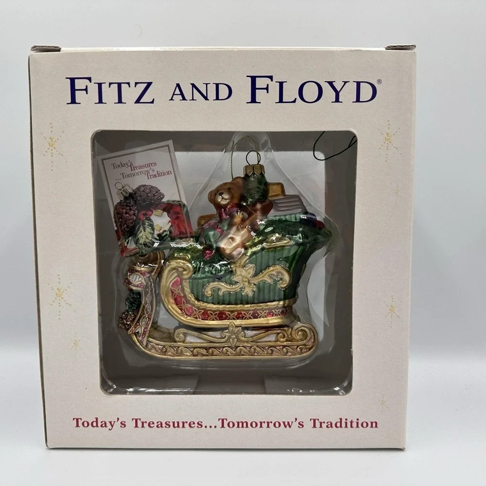 Fitz And Floyd Glass Christmas Tree Sleigh Ornament Teddy Bear Gifts Green Box‎